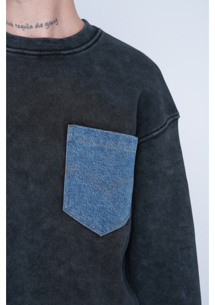 Oversize Sweatshirt Siyah | Kontrast Mavi Cepli modelleri