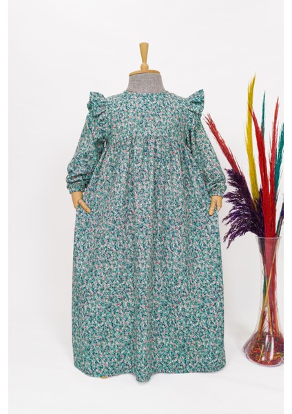 Kız Çocuk Viskon %100 Pamuk Tesettür Elbise Amine Model Uzun Tam Boy Elbise