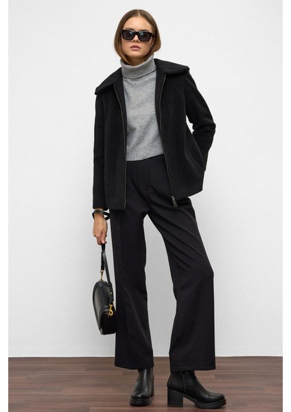 Çıkabilir Kapüşonlu Fermuar Detaylı Oversize Kaban Siyah 3128 fiyatları