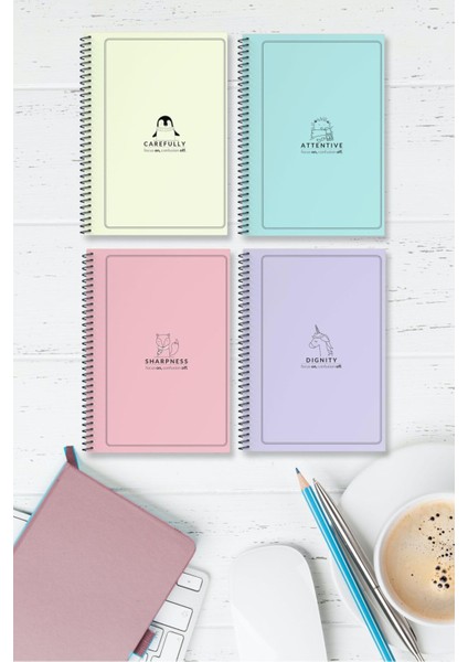 A5 Spiralli Okul Defteri 4'lü Set (2 Çizgisiz 2 Kareli) 96 Sayfa Karton Kapak Pastel Seri