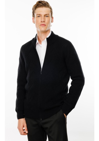 Erkek Dik Yaka Baklava Desenli Yün Ceket Siyah