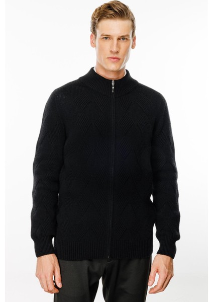 Erkek Dik Yaka Baklava Desenli Yün Ceket Siyah