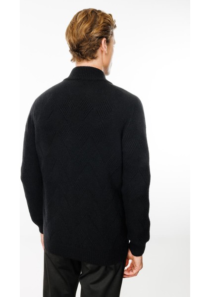 Erkek Dik Yaka Baklava Desenli Yün Ceket Siyah