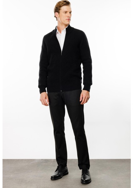 Erkek Dik Yaka Baklava Desenli Yün Ceket Siyah