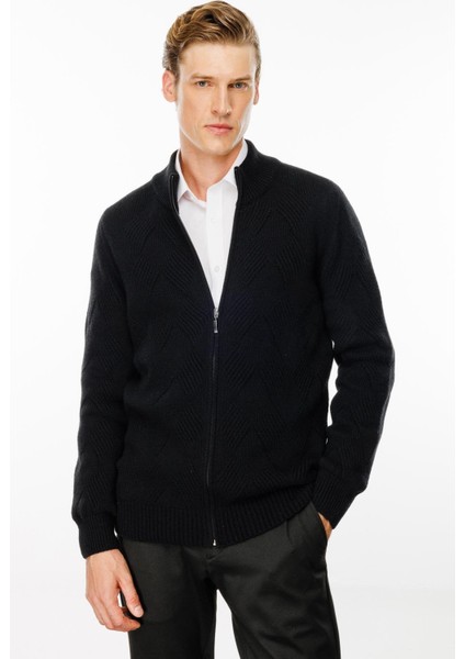 Erkek Dik Yaka Baklava Desenli Yün Ceket Siyah