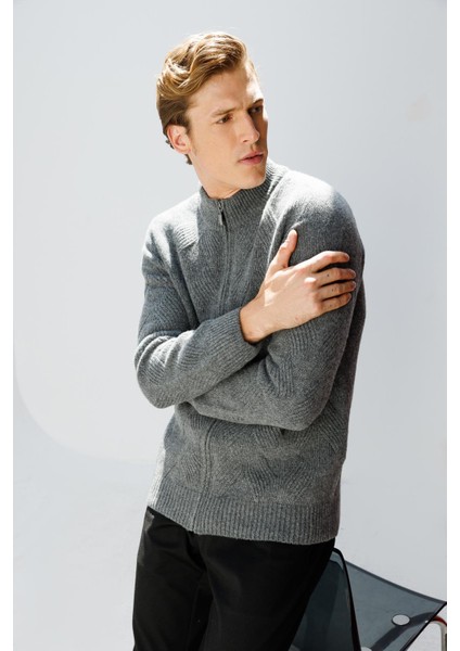 Erkek Dik Yaka Baklava Desenli Yün Ceket Füme