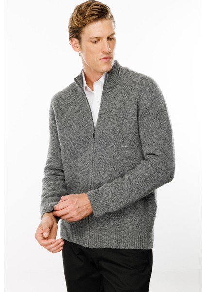 Erkek Dik Yaka Baklava Desenli Yün Ceket Füme