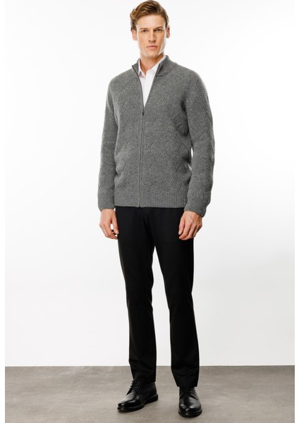 Erkek Dik Yaka Baklava Desenli Yün Ceket Füme