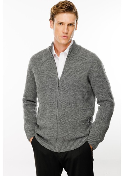 Erkek Dik Yaka Baklava Desenli Yün Ceket Füme