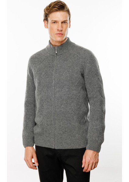 Erkek Dik Yaka Baklava Desenli Yün Ceket Füme