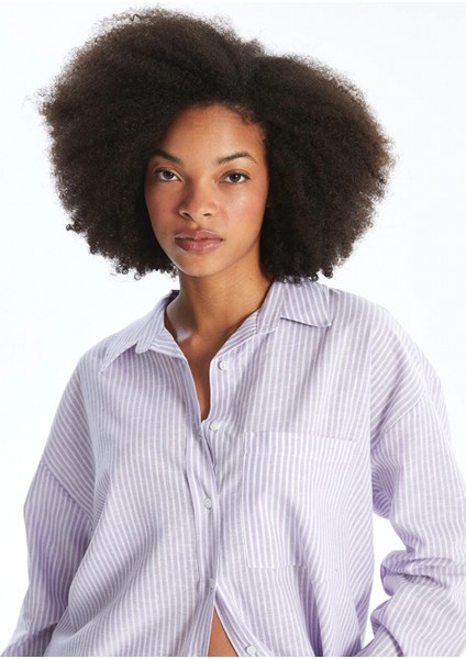 Xsıde Lila Çizgili Uzun Kollu Oversize Keten Karışımlı Kadın Gömlek