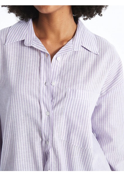 Xsıde Lila Çizgili Uzun Kollu Oversize Keten Karışımlı Kadın Gömlek modelleri