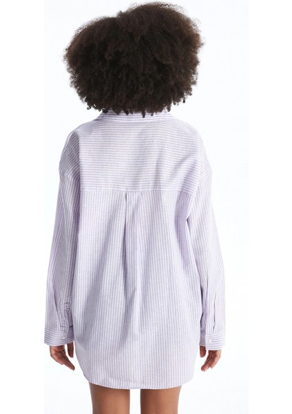 Xsıde Lila Çizgili Uzun Kollu Oversize Keten Karışımlı Kadın Gömlek fırsatları
