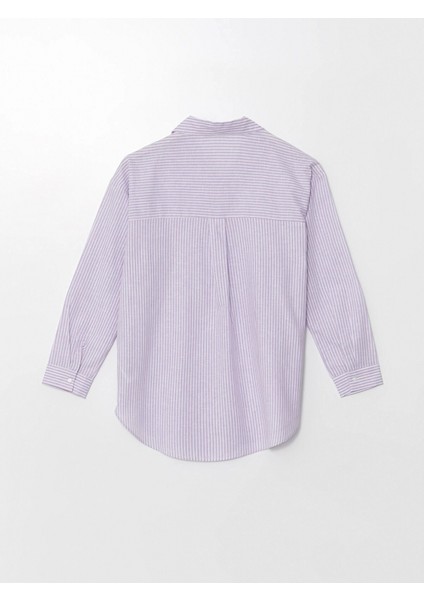 Xsıde Lila Çizgili Uzun Kollu Oversize Keten Karışımlı Kadın Gömlek