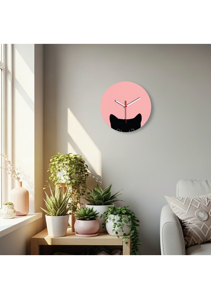 Pinkcat Duvar Saati - Pembe ve Siyah - Sessiz Mekanizma - Pembe-Kedi Duvar Saati