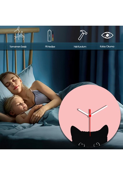 Pinkcat Duvar Saati - Pembe ve Siyah - Sessiz Mekanizma - Pembe-Kedi Duvar Saati indirimleri