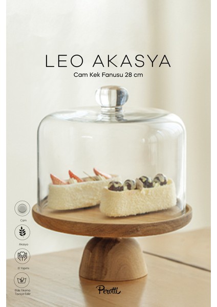 Leone Bal Kabağı Akasya Tabanlı Cam Kek Fanusu 28 cm Dev Boy
