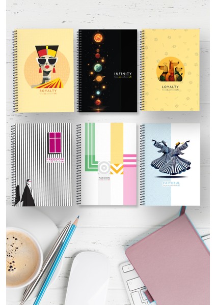 A5 Spiralli Defter 6'lı Seti (2x Çizgili-Çizgisiz-Kareli) , Kalın Karton Kapak Tematik Seri 96 Sayfa