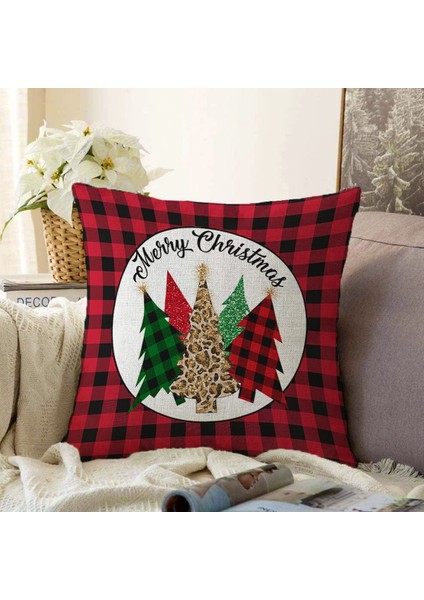 Noel Trees Yılbaşı Temalı Dekoratif Kırlent Kılıfı 50X50 cm - Renkli Polyester Raşel Kumaş