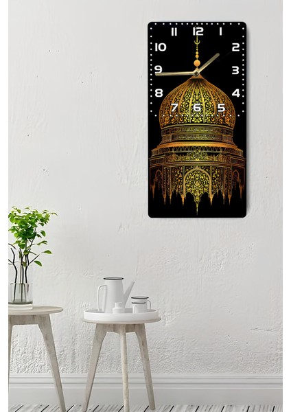 Ahşap Tablo Saat – Altın Kubbe Desenli, Sessiz Mekanizma, 30X60 Cm, Uv Baskılı – USD171