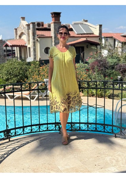 NC50848 Italyan Pamuk Keten Astarlı Elbise Fıstık