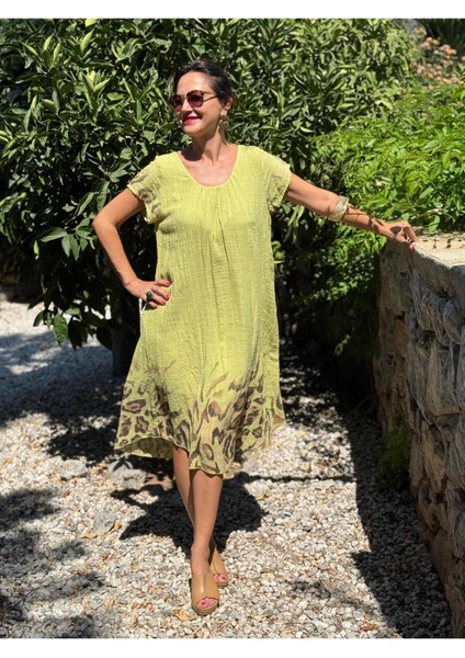 NC50848 Italyan Pamuk Keten Astarlı Elbise Fıstık