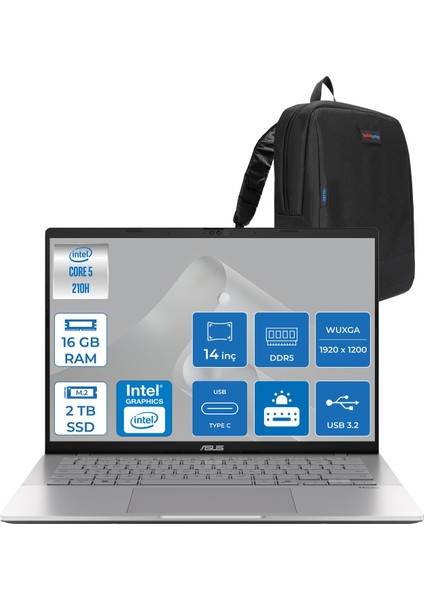 Vivobook S14 Intel Core 5 210H 16GB Ddr5 2tb SSD Intel UHD Graphics 14" Wuxga IPS 60Hz 300NITS Freedos Taşınabilir Bilgisayar LY083F03 + Zettaçanta