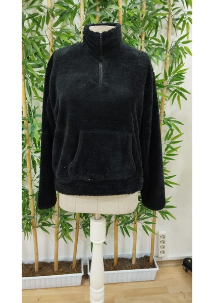 Kadın Uzun Kollu Önden Fermuarlı Cepli Peluş Sweat