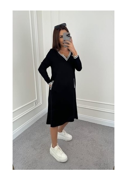 Kadın Uzun Kollu V Yakalı Şerit Detaylı Cepli Midi Viskon Iki Iplik Elbise