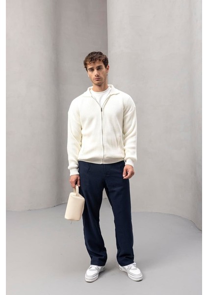 Coppola Selanik Örgü Polo Yaka Cepli Fermuarlı Rahat Kalıp Erkek Triko Hırka - Ekru