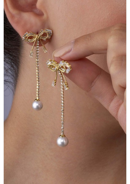 Fiyonk Model Inci Taneli Altın Kaplama Kadın Çelik Küpe