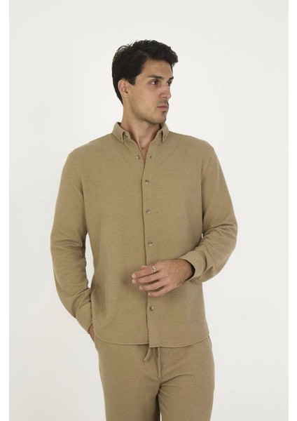 Düğmeli Tam Kalıp Uzun Kol Jakar Gömlek - Kahverengi indirimleri