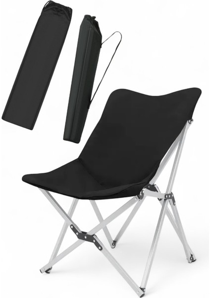 Katlanabilir Lüx Kamp ve Piknik Sandalyesi - Kalın Alüminyum Iskelet - Taşıma Çantalı -Siyah