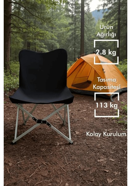 Katlanabilir Lüx Kamp ve Piknik Sandalyesi - Kalın Alüminyum Iskelet - Taşıma Çantalı -Siyah