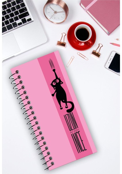 Uzun Ince Dar Çizgisiz Not Defteri No:6 Sevimli Kedi / Kalın Karton Kapak Spiralli 21*10 Cm.