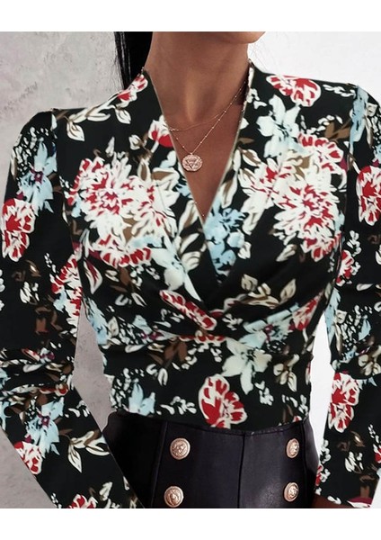 Kadın Uzun Kollu Kruvaze Yakalı Kelebek Desenli Şardonlu Dalgıç Bluz modelleri