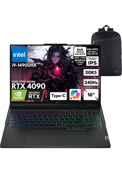 Legion Pro 7 16IRX9H I9-14900HX 32-Gbddr5 4 Tbssd RTX4090 (16GB-175W-GDDR6) 16" Wqxga 240Hz Windows 11 Home + Hmf Sırt Çantası 83DE002KTRHMF3