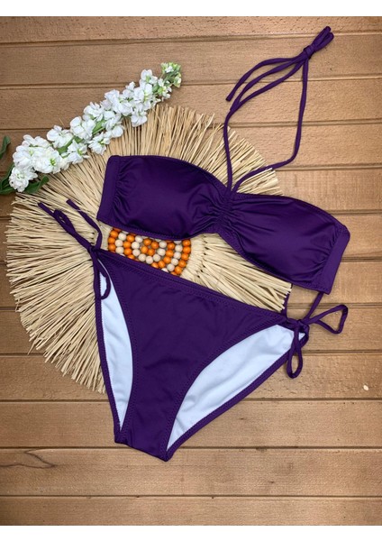 Kadın Likralı Esnek Boyundan Bağlamalı Ipli Straplez Şık Kaliteli Büzgü Ayarlı Bikini Takım