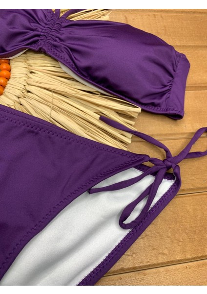 Kadın Likralı Esnek Boyundan Bağlamalı Ipli Straplez Şık Kaliteli Büzgü Ayarlı Bikini Takım fırsatları