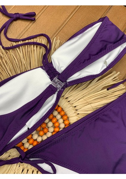 Kadın Likralı Esnek Boyundan Bağlamalı Ipli Straplez Şık Kaliteli Büzgü Ayarlı Bikini Takım