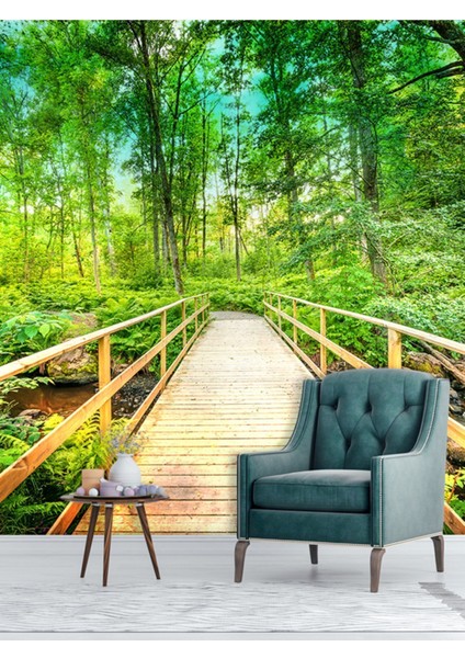 3 Boyutlu, Ahşap Köprü Duvar Kağıdı, Orman Desenli, Yeşil Renkli, Doğa Manzara, Salon Duvar Kağıdı