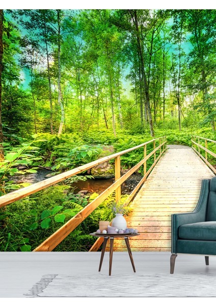 3 Boyutlu, Ahşap Köprü Duvar Kağıdı, Orman Desenli, Yeşil Renkli, Doğa Manzara, Salon Duvar Kağıdı fiyatları