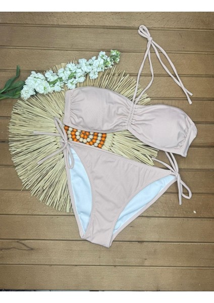 Kadın Likralı Esnek Boyundan Bağlamalı Ipli Straplez Şık Kaliteli Büzgü Ayarlı Bikini Takım
