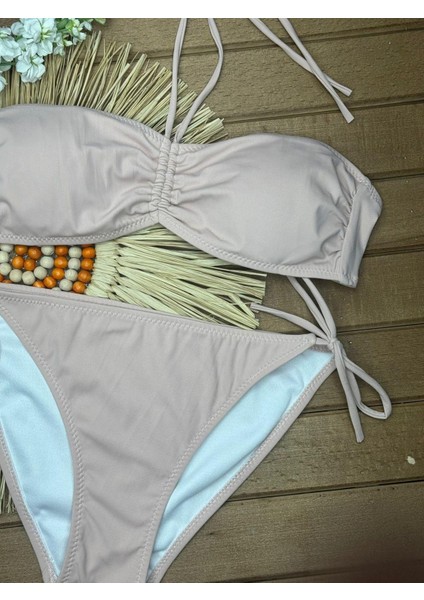 Kadın Likralı Esnek Boyundan Bağlamalı Ipli Straplez Şık Kaliteli Büzgü Ayarlı Bikini Takım modelleri