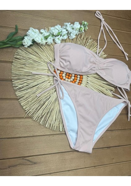 Kadın Likralı Esnek Boyundan Bağlamalı Ipli Straplez Şık Kaliteli Büzgü Ayarlı Bikini Takım fırsatları