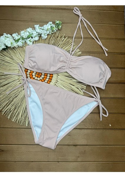Kadın Likralı Esnek Boyundan Bağlamalı Ipli Straplez Şık Kaliteli Büzgü Ayarlı Bikini Takım indirimleri