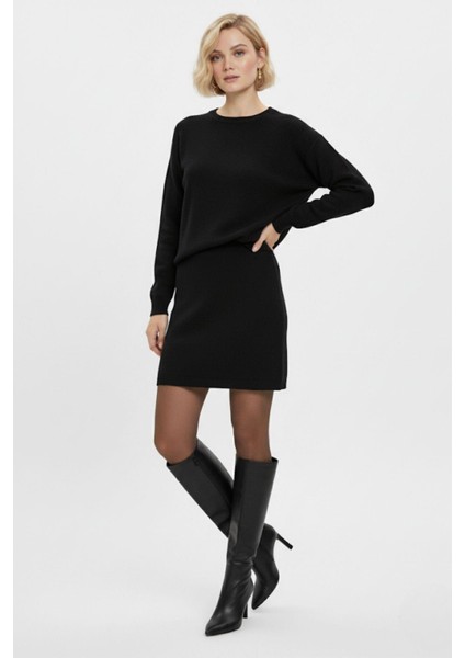 Siyah Bisiklet Yaka Triko Kazak Etek Takımı 2294