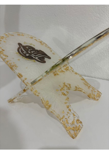 Şeffaf Altın Varaklı Ortanca Çiçekli ve Yazı Motifli Epoksi Reçine Rahle (Özel Tasarım - Tek Üretim) - 37X19 cm fiyatları