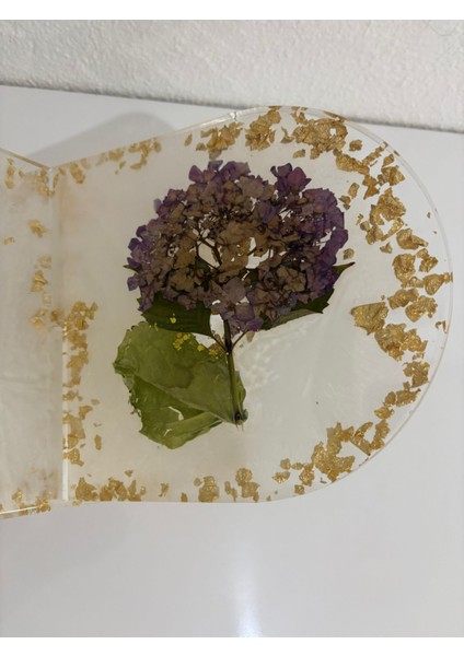 Şeffaf Altın Varaklı Ortanca Çiçekli ve Yazı Motifli Epoksi Reçine Rahle (Özel Tasarım - Tek Üretim) - 37X19 cm fırsatları