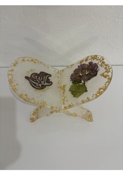 Şeffaf Altın Varaklı Ortanca Çiçekli ve Yazı Motifli Epoksi Reçine Rahle (Özel Tasarım - Tek Üretim) - 37X19 cm indirimleri